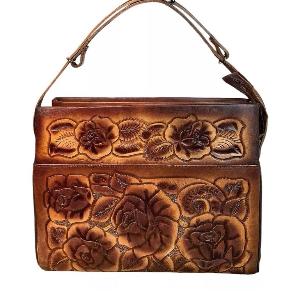 Vtg 70s Purse Leather Hand Tooled Brown Mexican Handbag Roses Floral Embossed